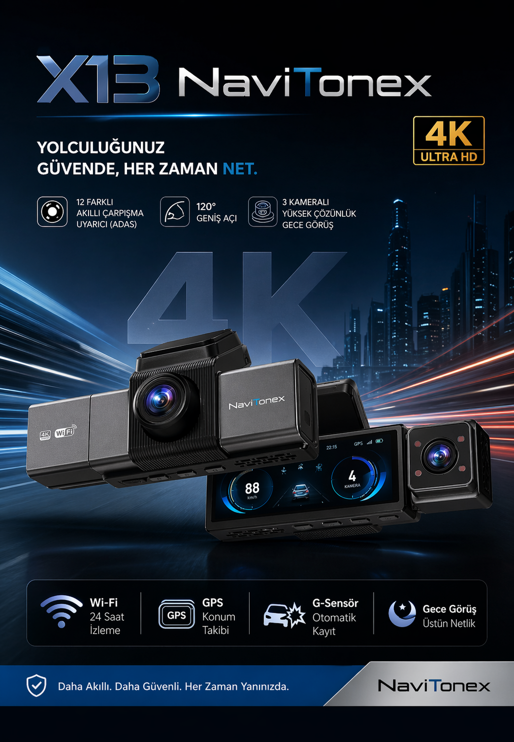 Navitonex 4K/2K/1K Araç İçi Kayıt Kamerası Ön Arka Çift Kamera Ekranlı Gece Görüşlü DVR 3.2 ekran X13