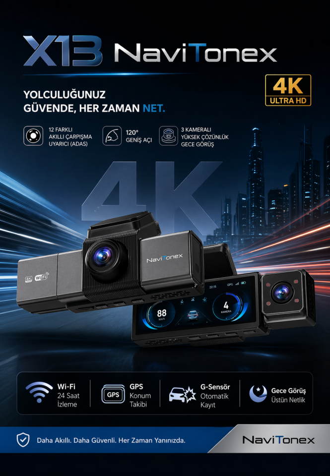 Navitonex 4K/2K/1K Araç İçi Kayıt Kamerası Ön Arka Çift Kamera Ekranlı Gece Görüşlü DVR 3.2 ekran X13