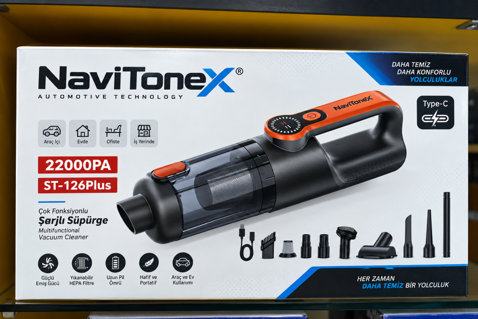NaviTonex Araç Süpürgesi Kablosuz 22.000 Pascal Çekim Gücü Vakum Ve Üfleme 2in1 10 başlık Metal Filtreli