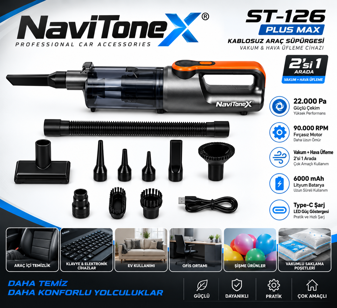 NaviTonex Araç Süpürgesi Kablosuz 22.000 Pascal Çekim Gücü Vakum Ve Üfleme 2in1 10 başlık Metal Filtreli