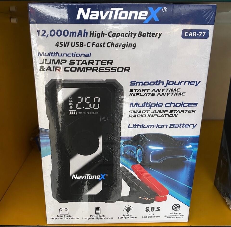 NaviTonex Akü Takviye Cihazı | 4'ü 1 Arada Powerbank, Hava Kompresörü, LCD Ekran, 12.000mA
